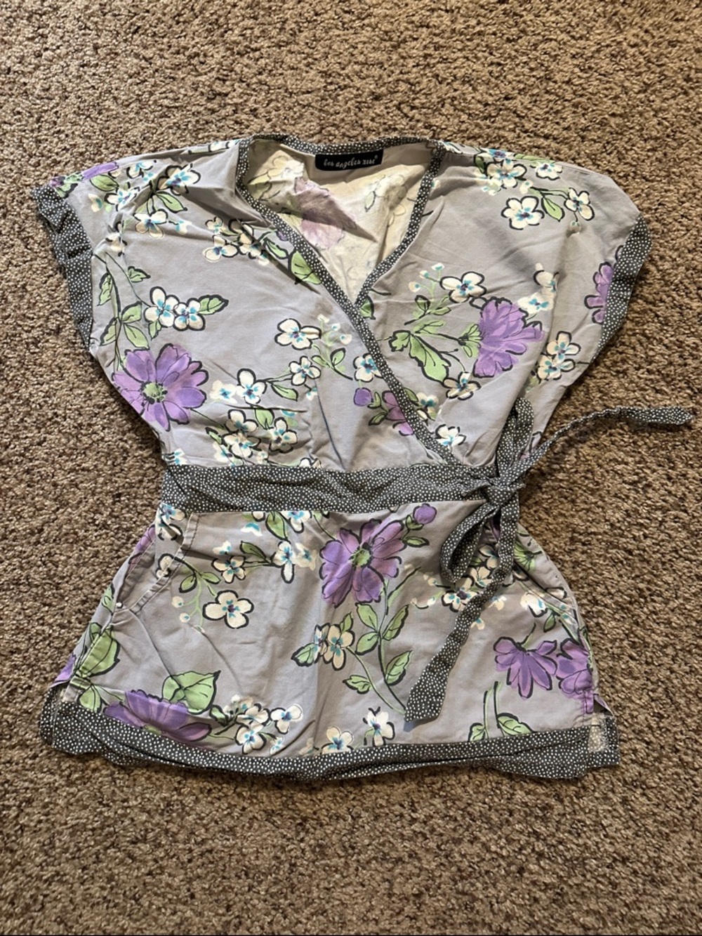 Gray Floral Wrap Blouse with Lavender Accents